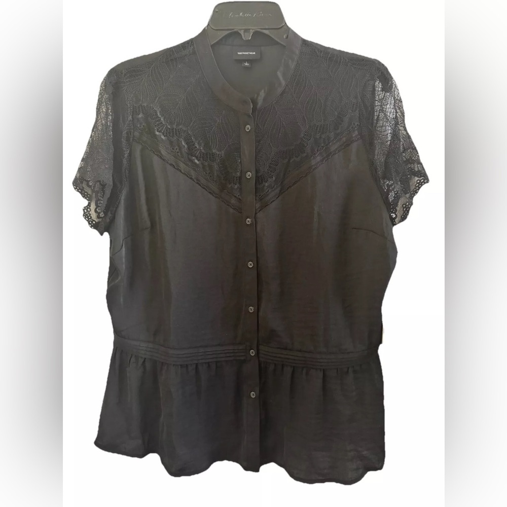 Who What Wear Black Lace Yoke Button-Front Blouse
